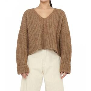 NEW 7115 BY SZEKI chunky v-neck sweater in caramel brown
